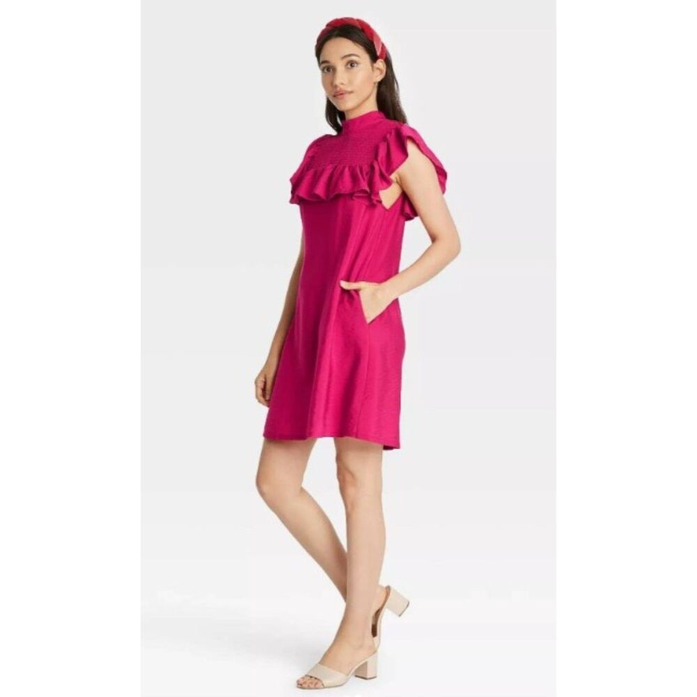 NWT Bright Fuchsia Pink Sz Medium Smocked Ruffled Dress Side Pockets A NEW DAY
